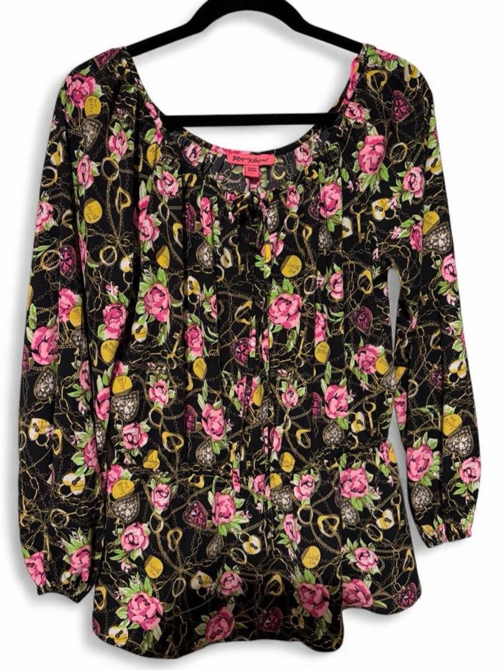Betsey Johnson Black Floral & Chain Print Long Sleeve Top